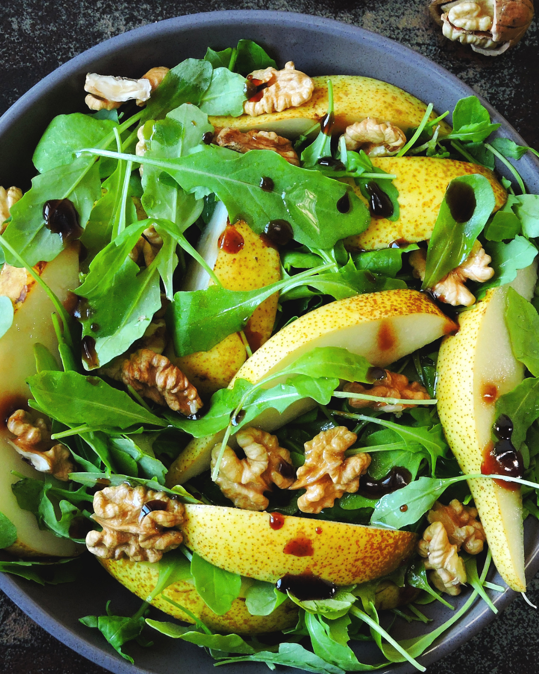 Pear, Walnut, and Arugula Salad with Balsamic Drizzle Recipe