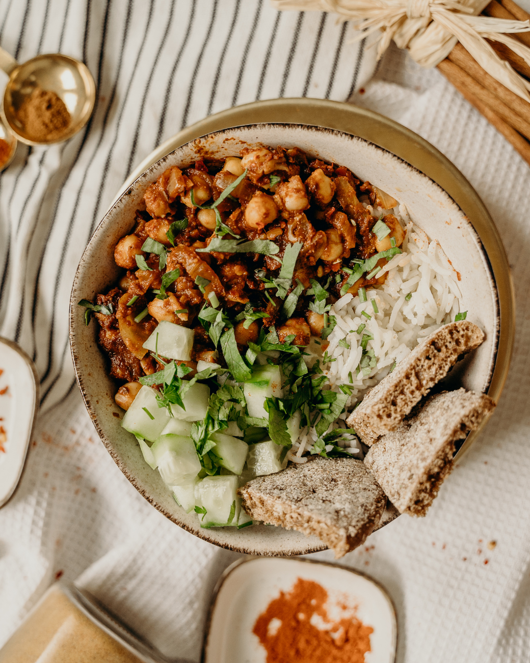 Spiced Chickpea Chili Bowl with Rice and Cucumber | Plant-Based Recipe