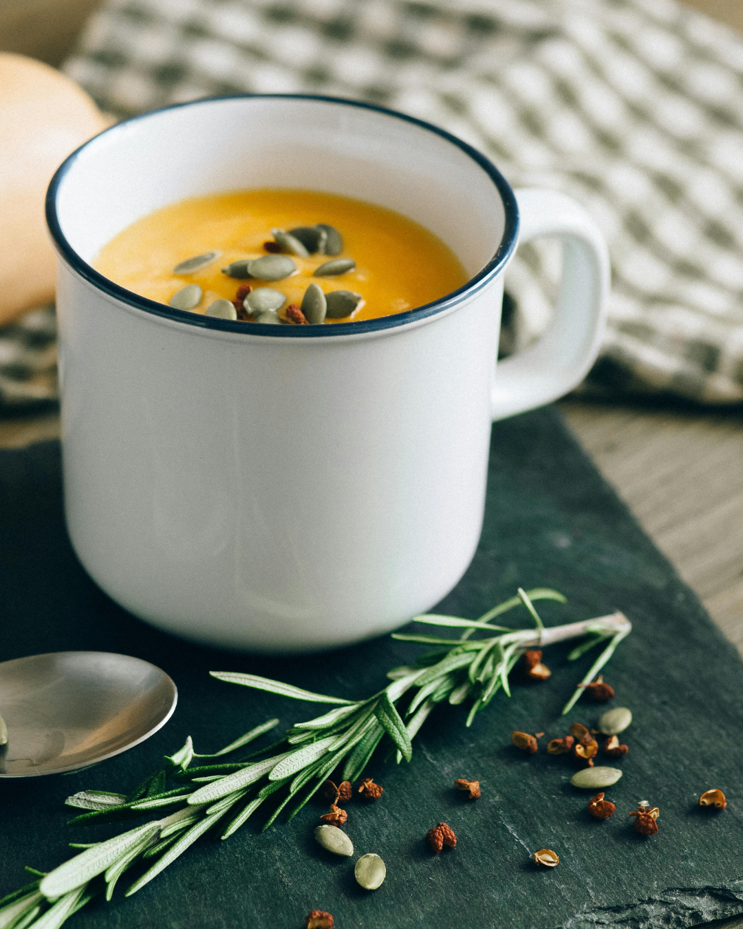 Creamy Pumpkin Mug Soup with Rosemary and Pepitas Recipe