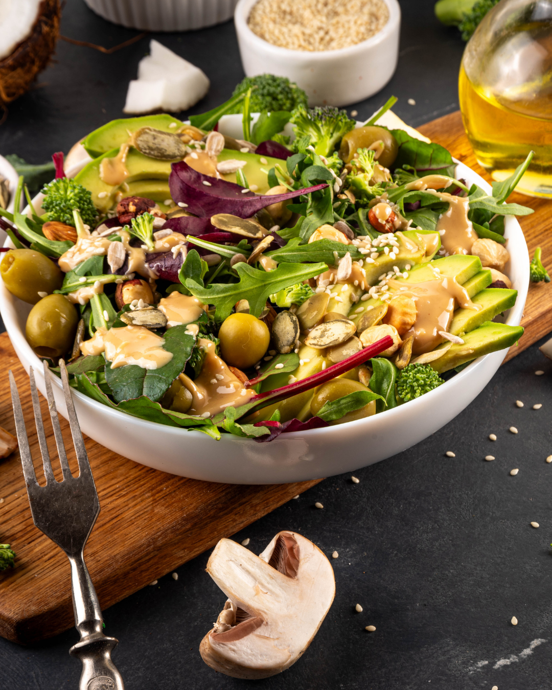 Avocado-Olive Salad with Broccoli, Seeds and Tahini Drizzle Recipe